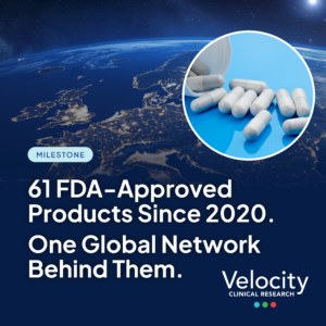 A background image of part of the Earth from space, a circular image of a pill bottle, and text that reads, "61 FDA-Approved Products. One Network Behind Them."